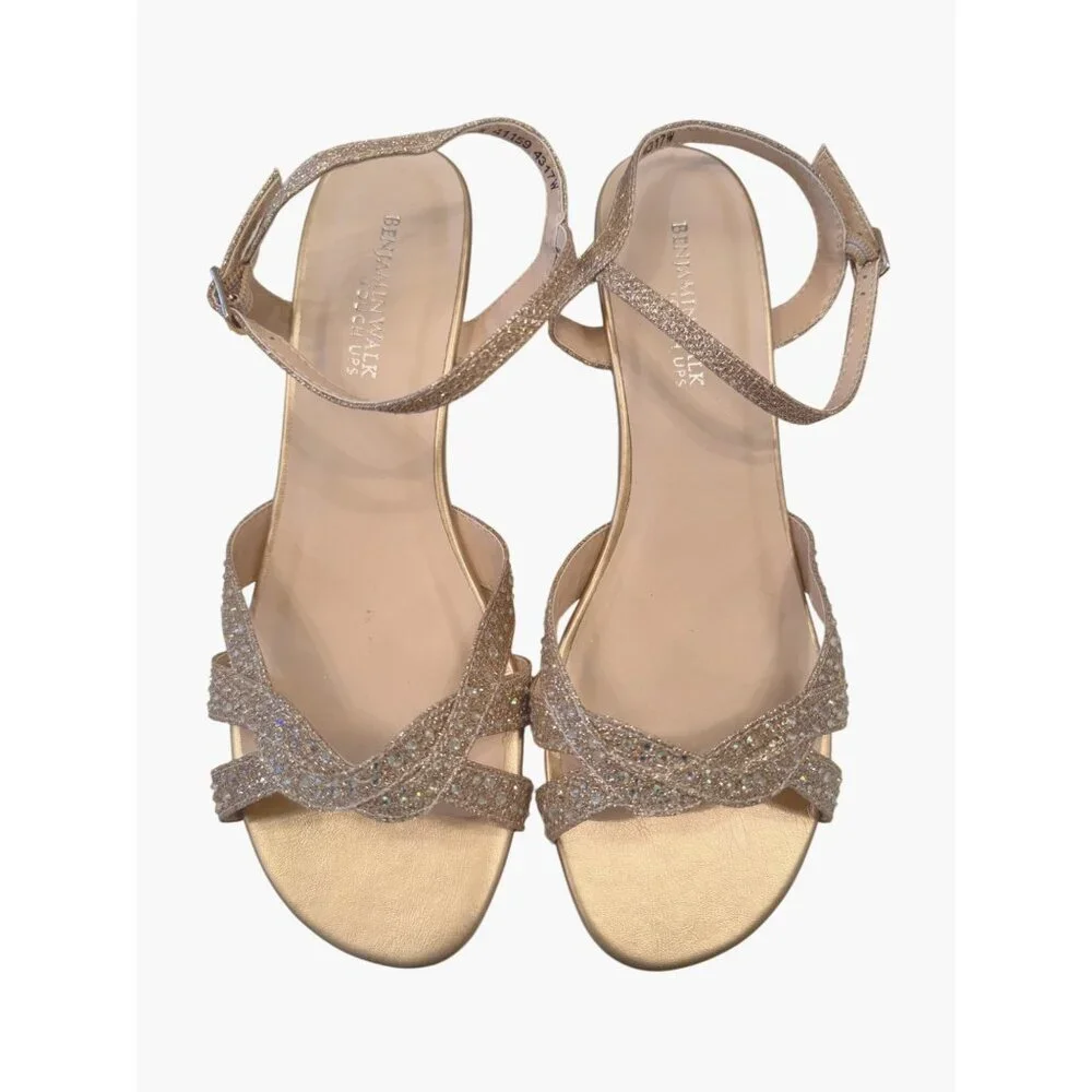 Benjamin Walk Lena Champagne Shimmer 7 1/2 Wide With Stones Low Wedge NWOB